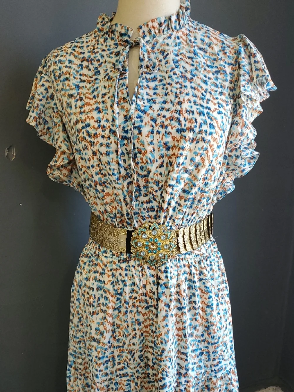 Glamour Blue and Cream Ruffle Sleeve Maxi Dress - Picture 8 of 13